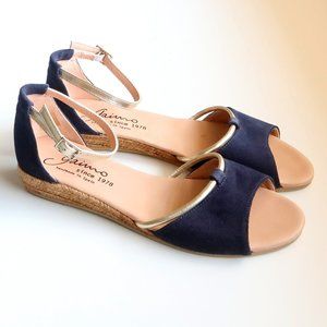 NEW Anthropologie Gaimo Navy Suede & Gold Leather Espadrille Low Wedge Sandals